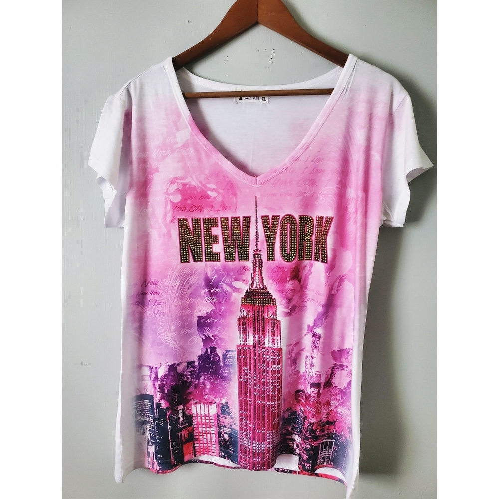 New York V Neck Short Sleeve Blouse Shirt Top